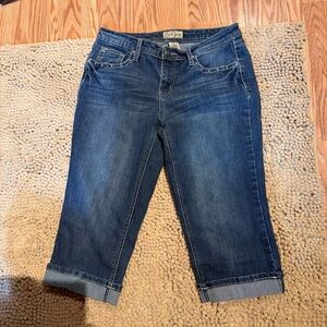 Women’s Size 8 Earl Capri Cropped Jeans Stretch Bling Flap Pockets Dark Wash EUC